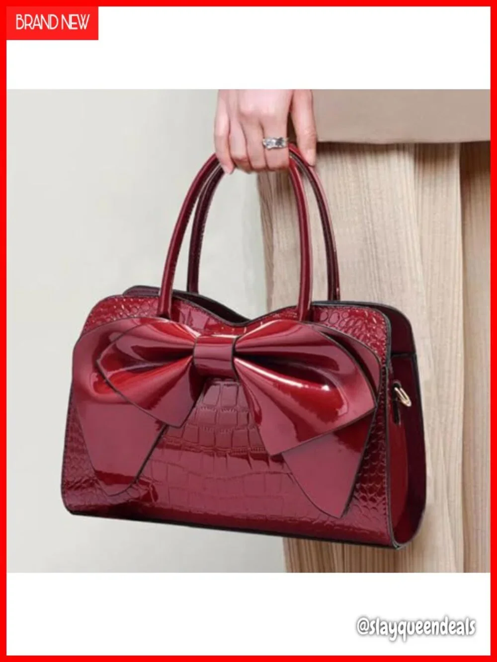 Patent Leather Bowknot Satchel Tote Handbag with Top Handle, Shoulder Strap